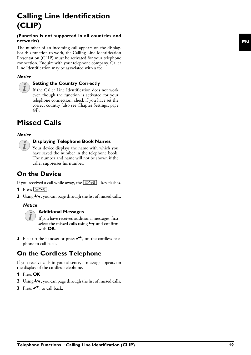 Calling line identification (clip), Missed calls, On the device | On the cordless telephone, Calling line identification (clip) missed calls | Philips PPF685 User Manual | Page 19 / 64
