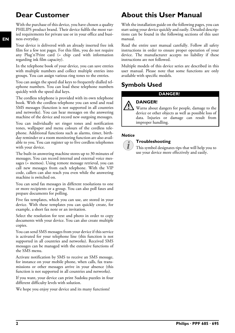 Dear customer, About this user manual, Symbols used | Philips PPF685 User Manual | Page 2 / 64