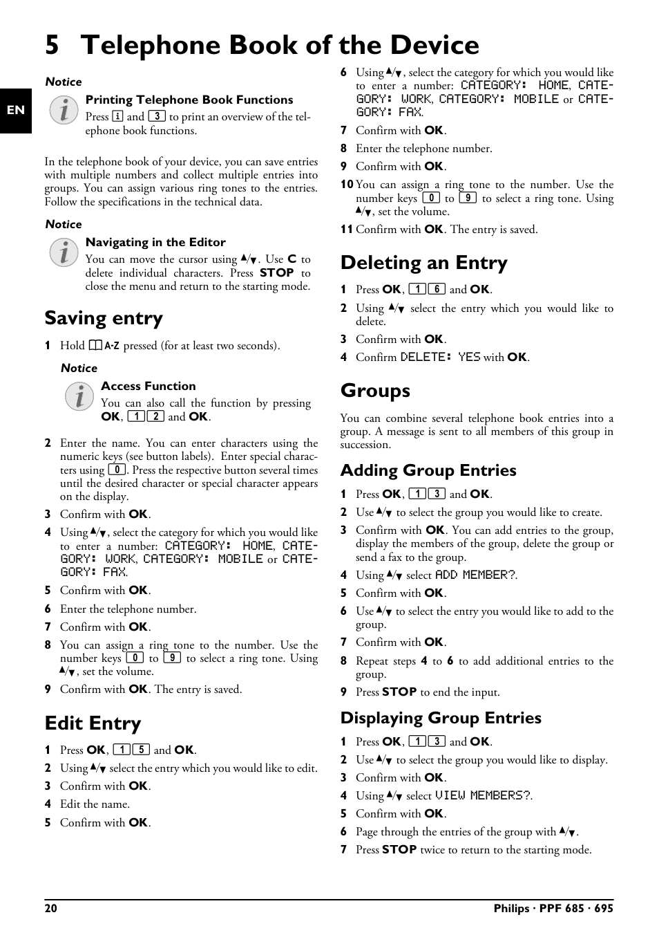 5 telephone book of the device, Saving entry, Edit entry | Deleting an entry, Groups, Adding group entries, Displaying group entries, Saving entry edit entry deleting an entry groups | Philips PPF685 User Manual | Page 20 / 64