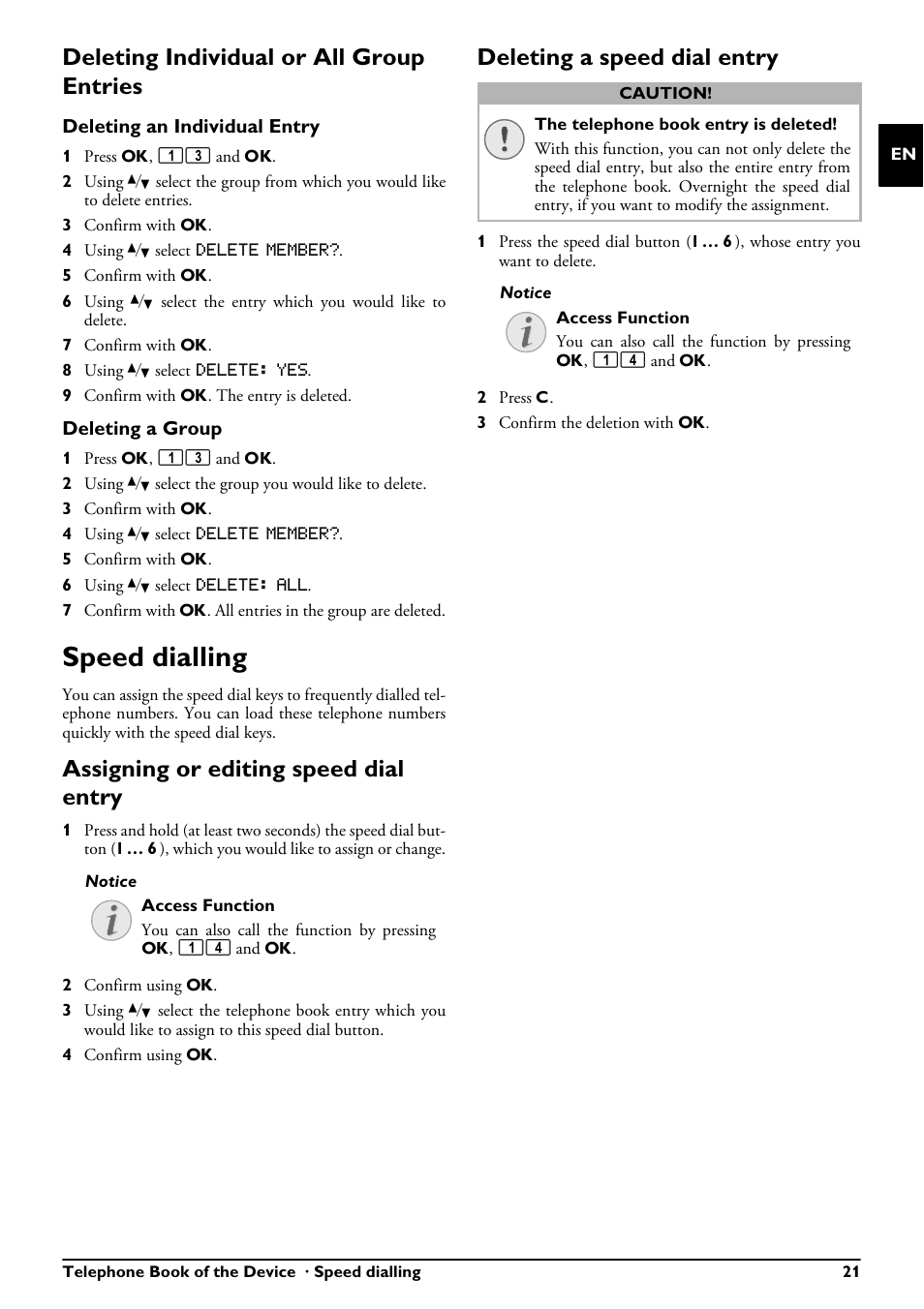 Deleting individual or all group entries, Speed dialling, Assigning or editing speed dial entry | Deleting a speed dial entry | Philips PPF685 User Manual | Page 21 / 64