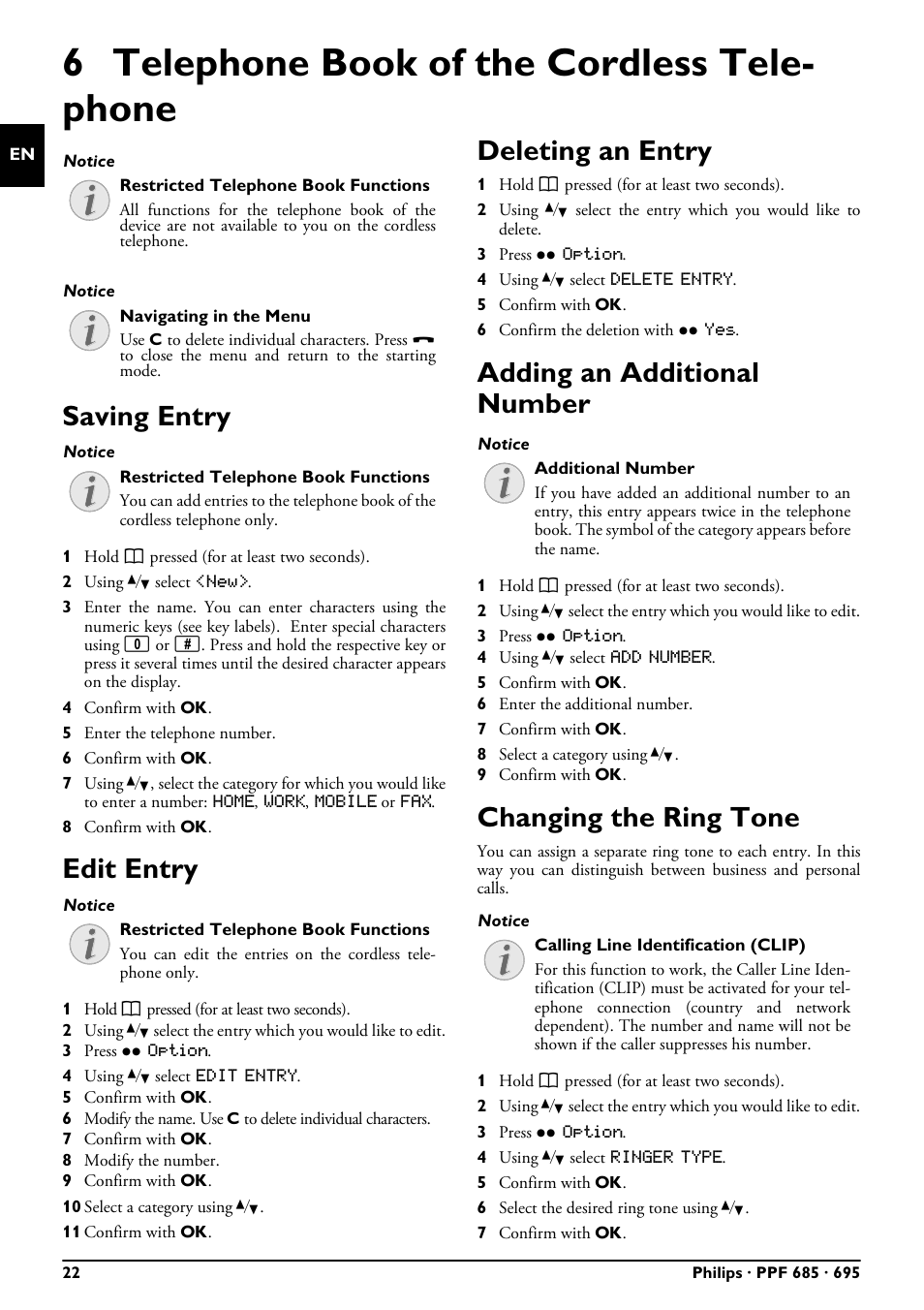 6 telephone book of the cordless telephone, Saving entry, Edit entry | Deleting an entry, Adding an additional number, Changing the ring tone, 6 telephone book of the cordless tele- phone | Philips PPF685 User Manual | Page 22 / 64