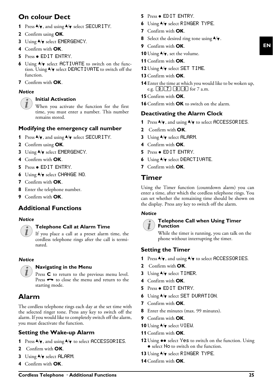 On colour dect, Additional functions, Alarm | Timer | Philips PPF685 User Manual | Page 25 / 64