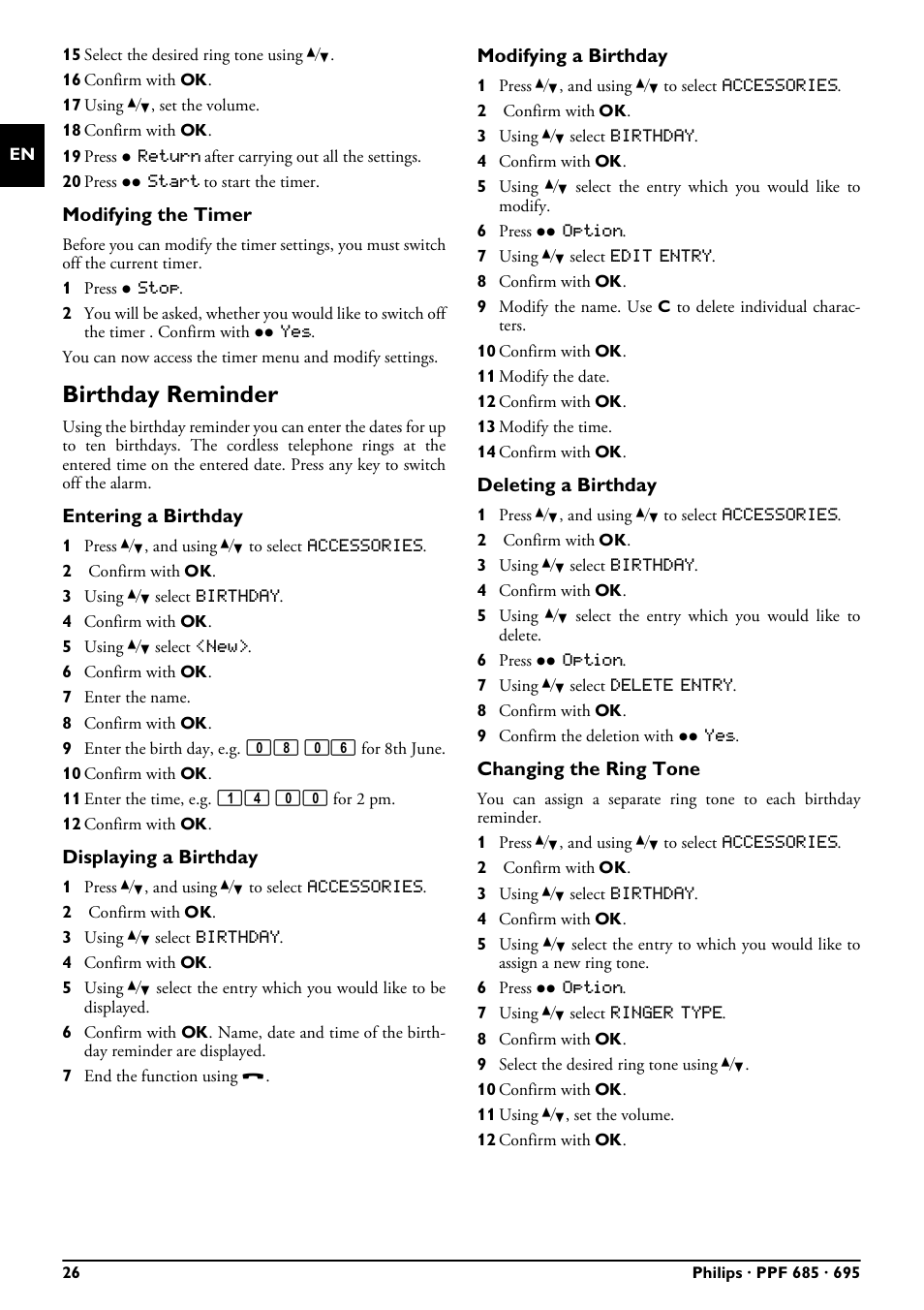Birthday reminder | Philips PPF685 User Manual | Page 26 / 64
