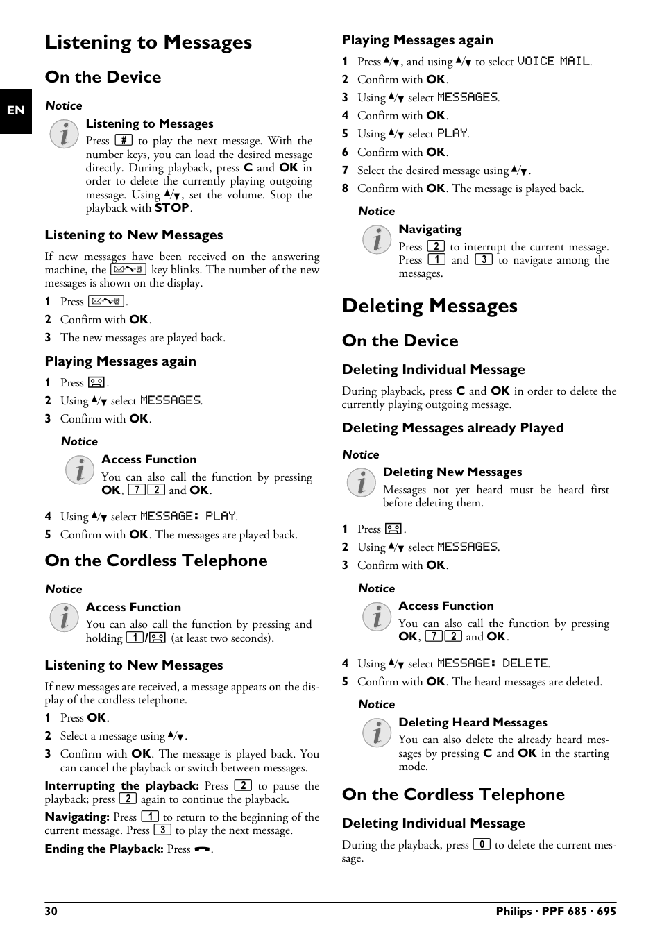 Listening to messages, On the device, On the cordless telephone | Deleting messages, Listening to messages deleting messages | Philips PPF685 User Manual | Page 30 / 64