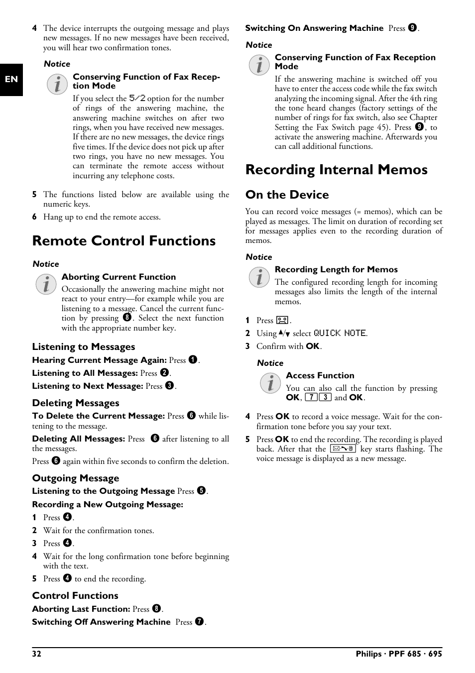 Remote control functions, Recording internal memos, On the device | Remote control functions recording internal memos | Philips PPF685 User Manual | Page 32 / 64