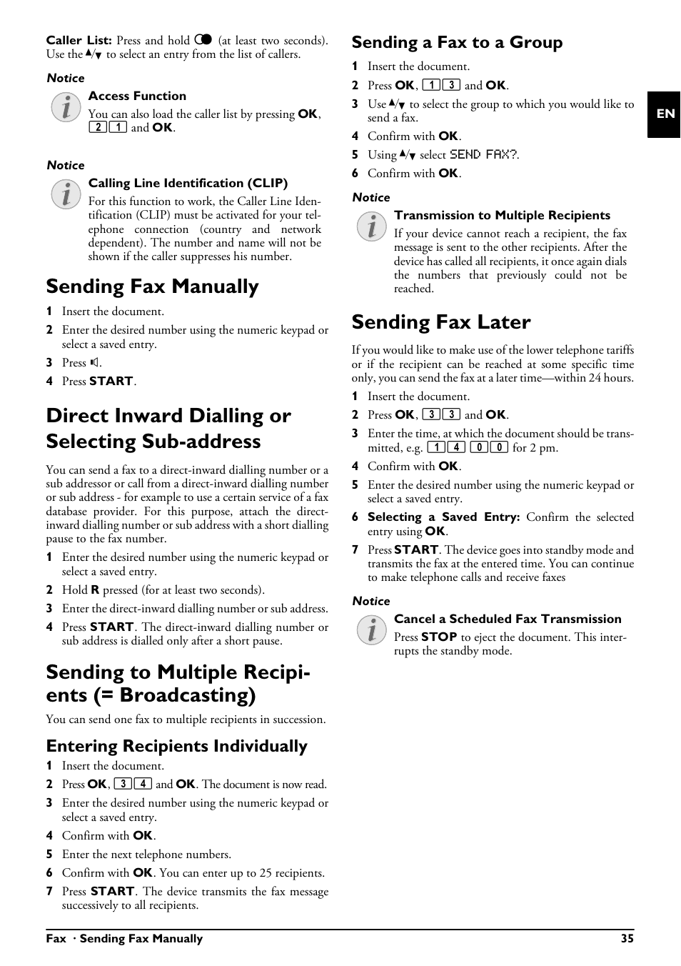 Sending fax manually, Direct inward dialling or selecting sub-address, Sending to multiple recipients (= broadcasting) | Entering recipients individually, Sending a fax to a group, Sending fax later, Sending to multiple recipi- ents (= broadcasting) | Philips PPF685 User Manual | Page 35 / 64