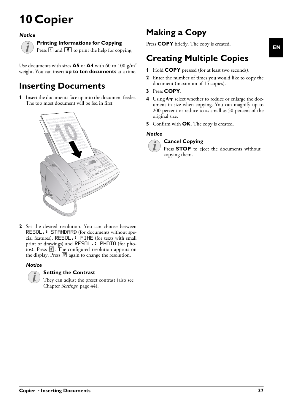 10 copier, Inserting documents, Making a copy | Creating multiple copies | Philips PPF685 User Manual | Page 37 / 64