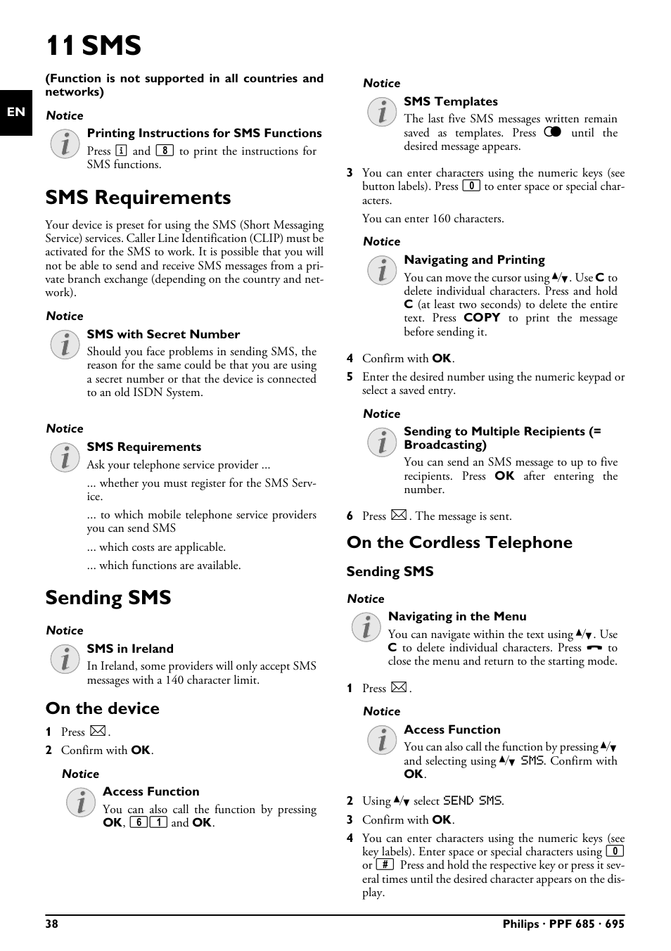 11 sms, Sms requirements, Sending sms | On the device, On the cordless telephone, Sms requirements sending sms | Philips PPF685 User Manual | Page 38 / 64