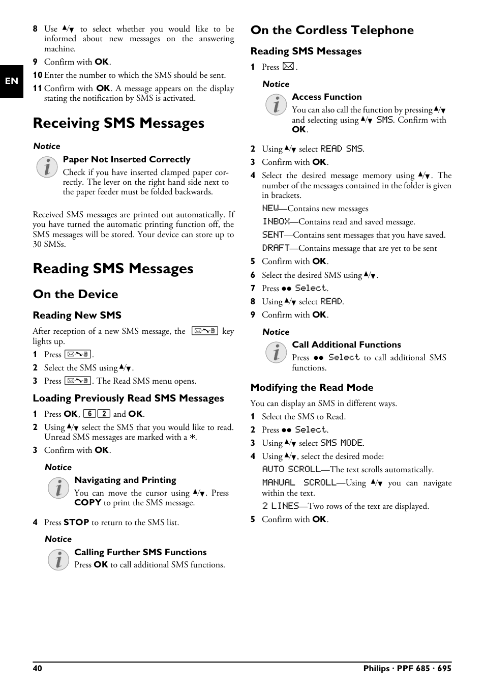 Receiving sms messages, Reading sms messages, On the device | On the cordless telephone, Receiving sms messages reading sms messages | Philips PPF685 User Manual | Page 40 / 64