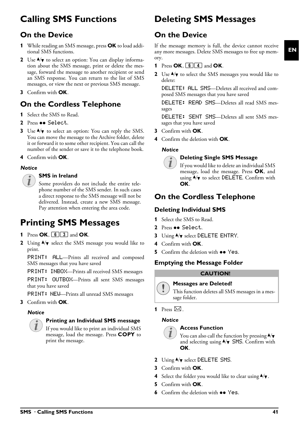 Calling sms functions, On the device, On the cordless telephone | Printing sms messages, Deleting sms messages | Philips PPF685 User Manual | Page 41 / 64