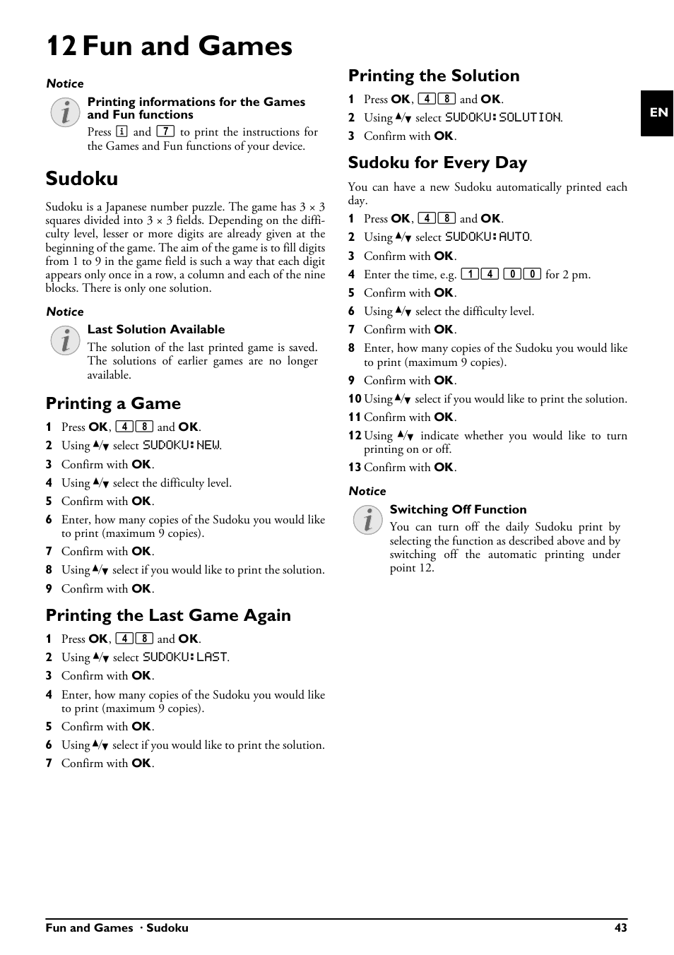 12 fun and games, Sudoku, Printing a game | Printing the last game again, Printing the solution, Sudoku for every day | Philips PPF685 User Manual | Page 43 / 64