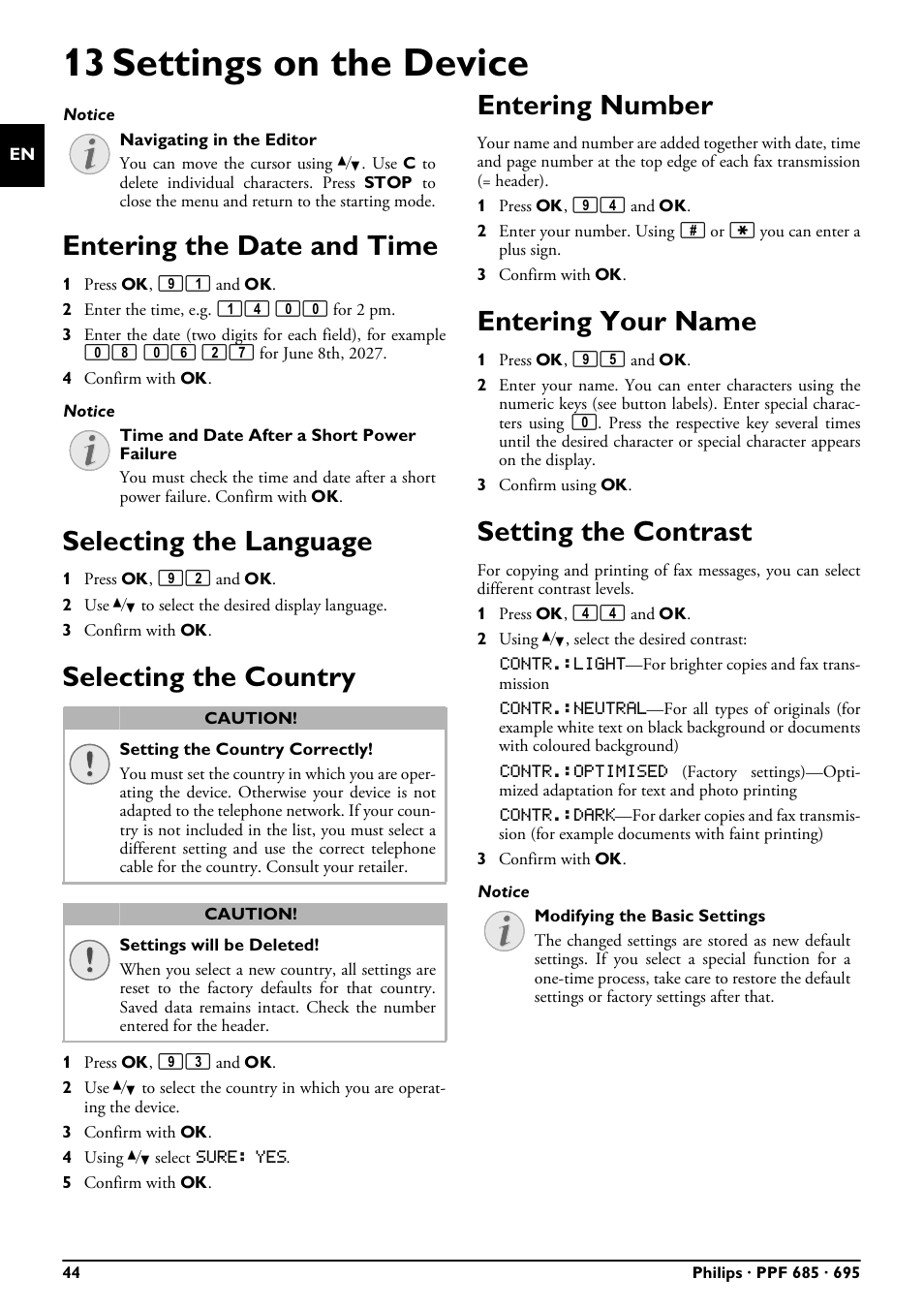 13 settings on the device, Entering the date and time, Selecting the language | Selecting the country, Entering number, Entering your name, Setting the contrast | Philips PPF685 User Manual | Page 44 / 64
