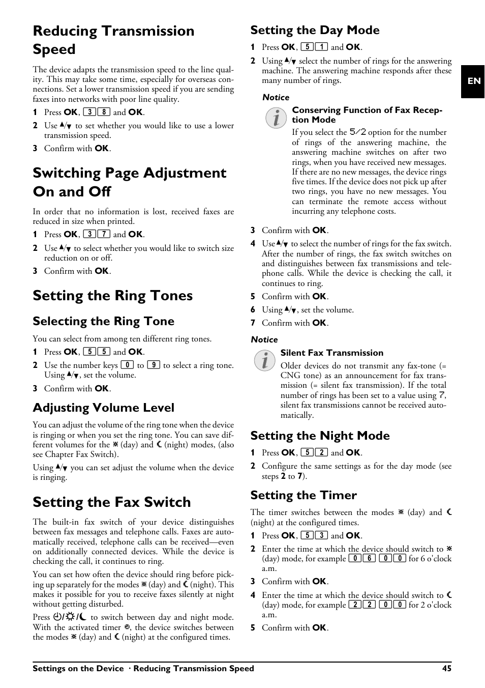 Reducing transmission speed, Setting the ring tones, Selecting the ring tone | Adjusting volume level, Setting the fax switch, Setting the day mode, Setting the night mode, Setting the timer, Switching page adjustment on and off | Philips PPF685 User Manual | Page 45 / 64