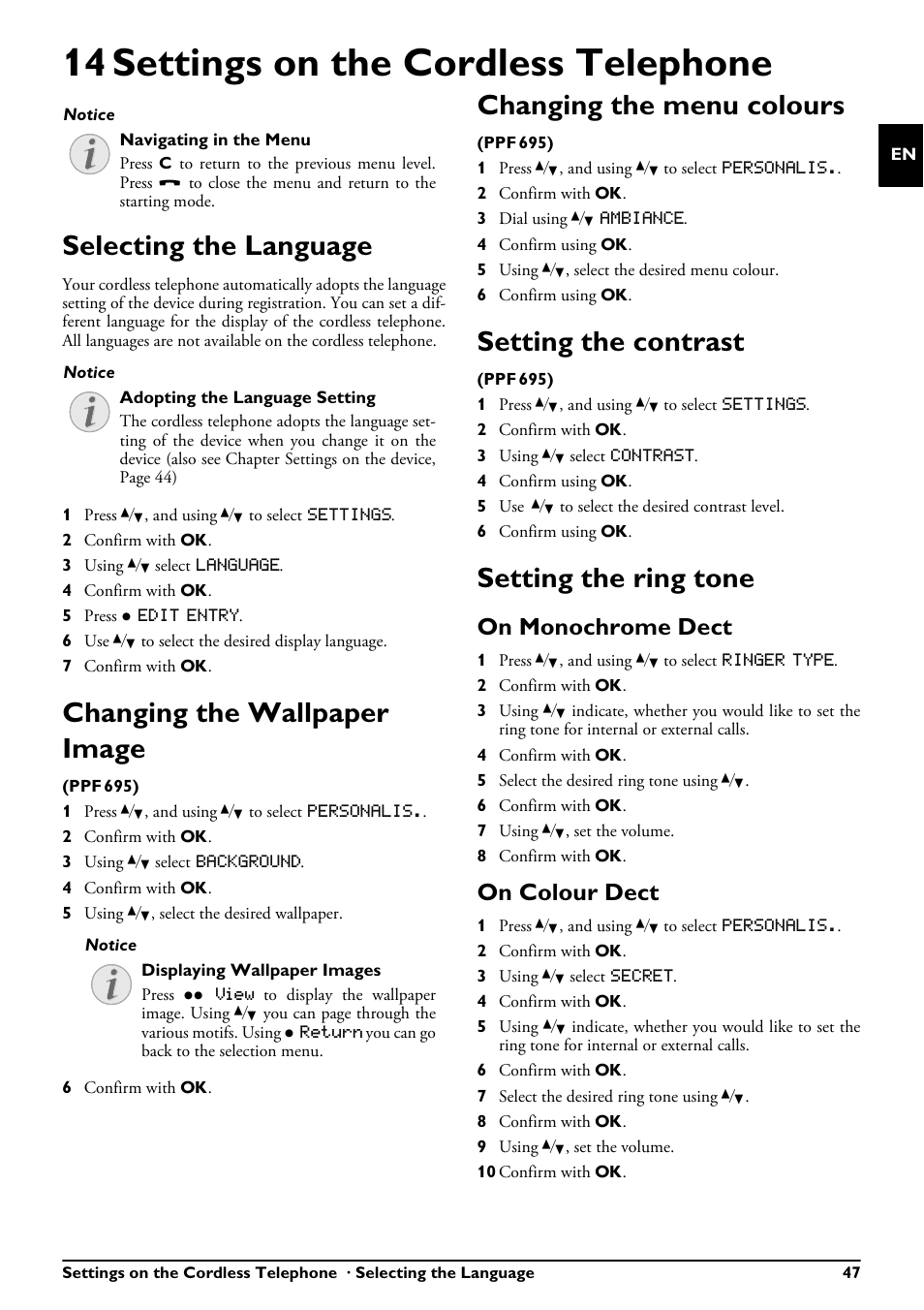 14 settings on the cordless telephone, Selecting the language, Changing the wallpaper image | Changing the menu colours, Setting the contrast, Setting the ring tone, On monochrome dect, On colour dect, 14 settings on the cordless telephone 47 | Philips PPF685 User Manual | Page 47 / 64