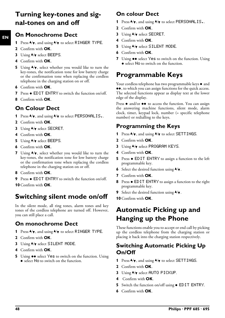 Turning key-tones and signal-tones on and off, On monochrome dect, On colour dect | Switching silent mode on/off, Programmable keys, Programming the keys, Automatic picking up and hanging up the phone, Switching automatic picking up on/off, Turning key-tones and sig- nal-tones on and off | Philips PPF685 User Manual | Page 48 / 64