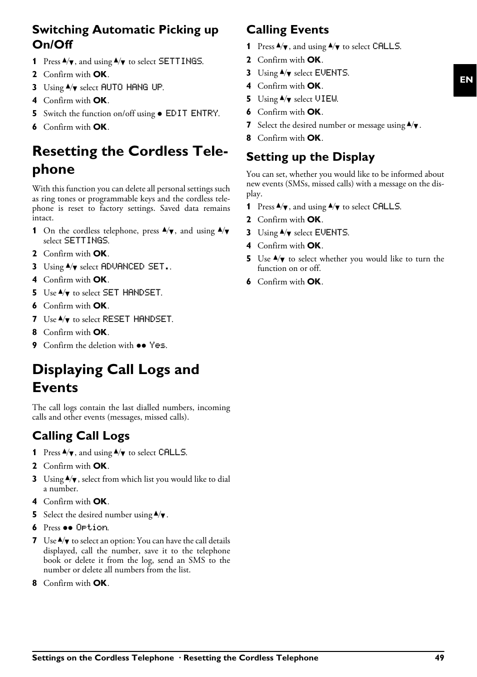 Switching automatic picking up on/off, Resetting the cordless telephone, Displaying call logs and events | Calling call logs, Calling events, Setting up the display, Resetting the cordless tele- phone | Philips PPF685 User Manual | Page 49 / 64