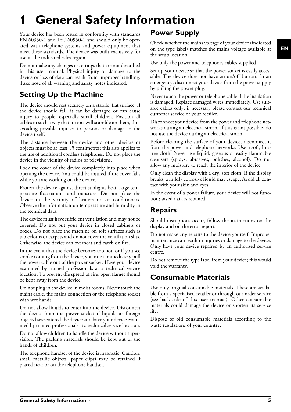 1 general safety information, Setting up the machine, Power supply | Repairs, Consumable materials, General safety information · 5, Use only the power and telephones cables supplied | Philips PPF685 User Manual | Page 5 / 64