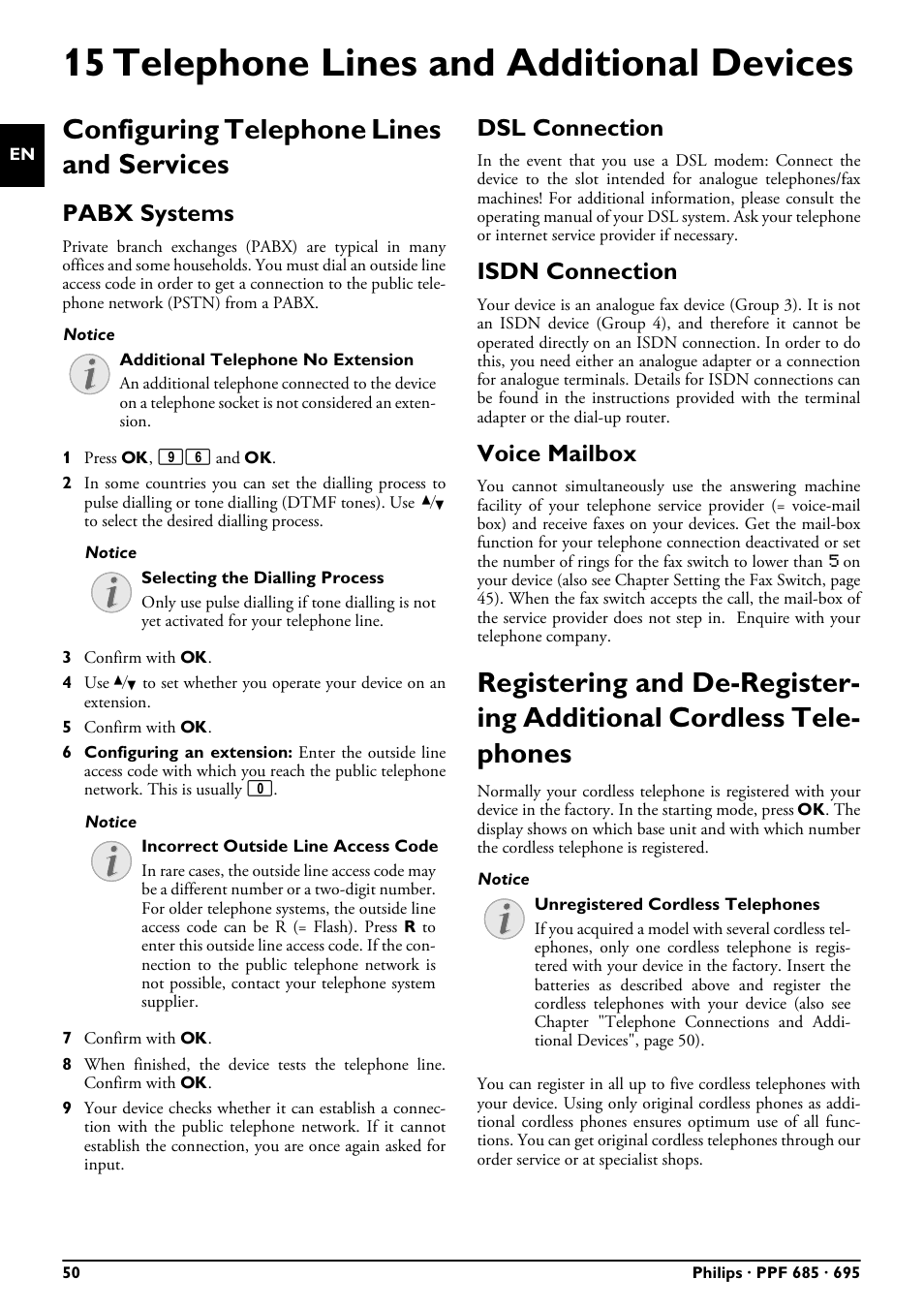 15 telephone lines and additional devices, Configuring telephone lines and services, Pabx systems | Dsl connection, Isdn connection, Voice mailbox | Philips PPF685 User Manual | Page 50 / 64