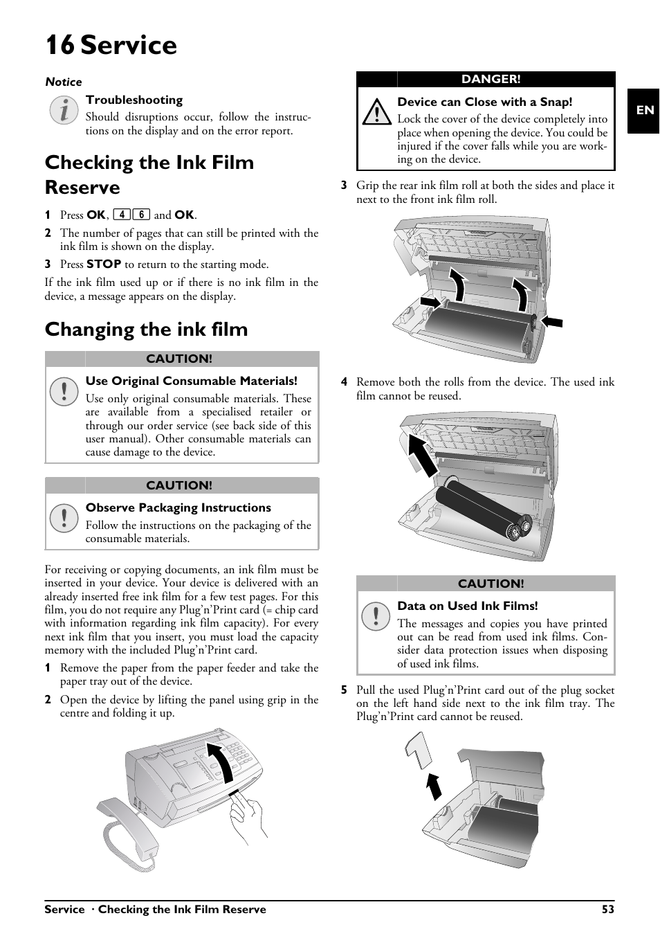 16 service, Checking the ink film reserve, Changing the ink film | Philips PPF685 User Manual | Page 53 / 64