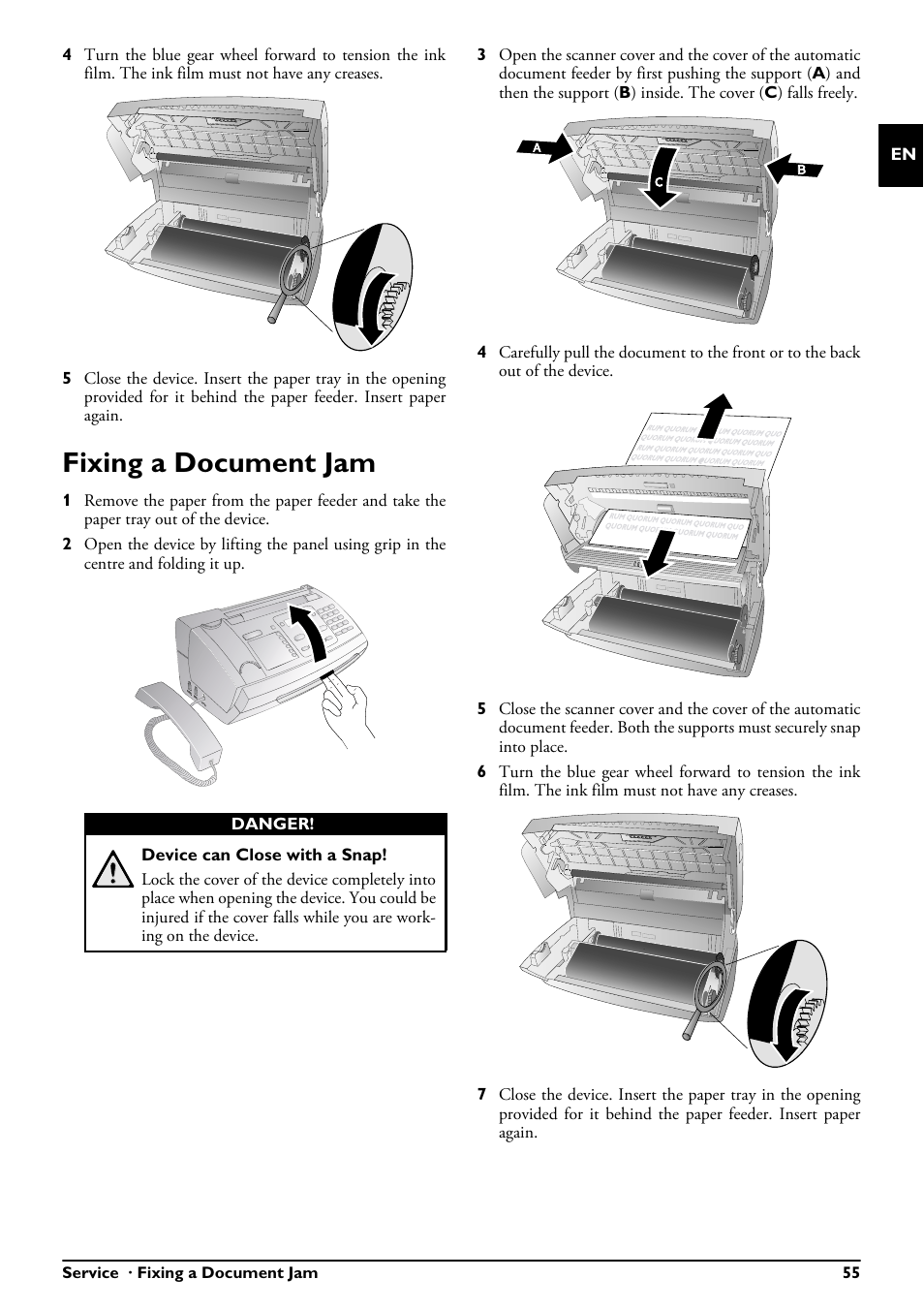 Fixing a document jam | Philips PPF685 User Manual | Page 55 / 64