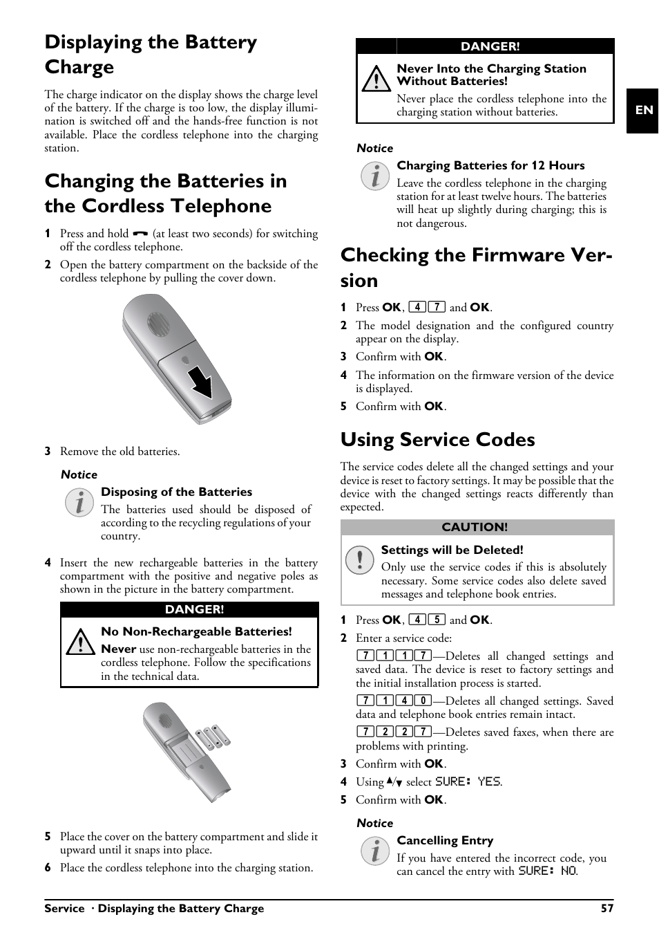 Displaying the battery charge, Changing the batteries in the cordless telephone, Checking the firmware version | Using service codes, Checking the firmware ver- sion | Philips PPF685 User Manual | Page 57 / 64