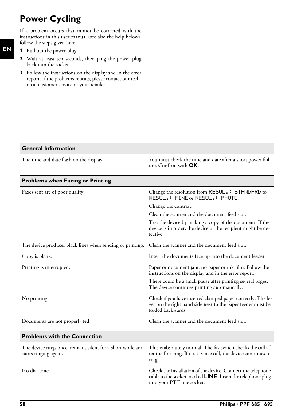 Power cycling | Philips PPF685 User Manual | Page 58 / 64