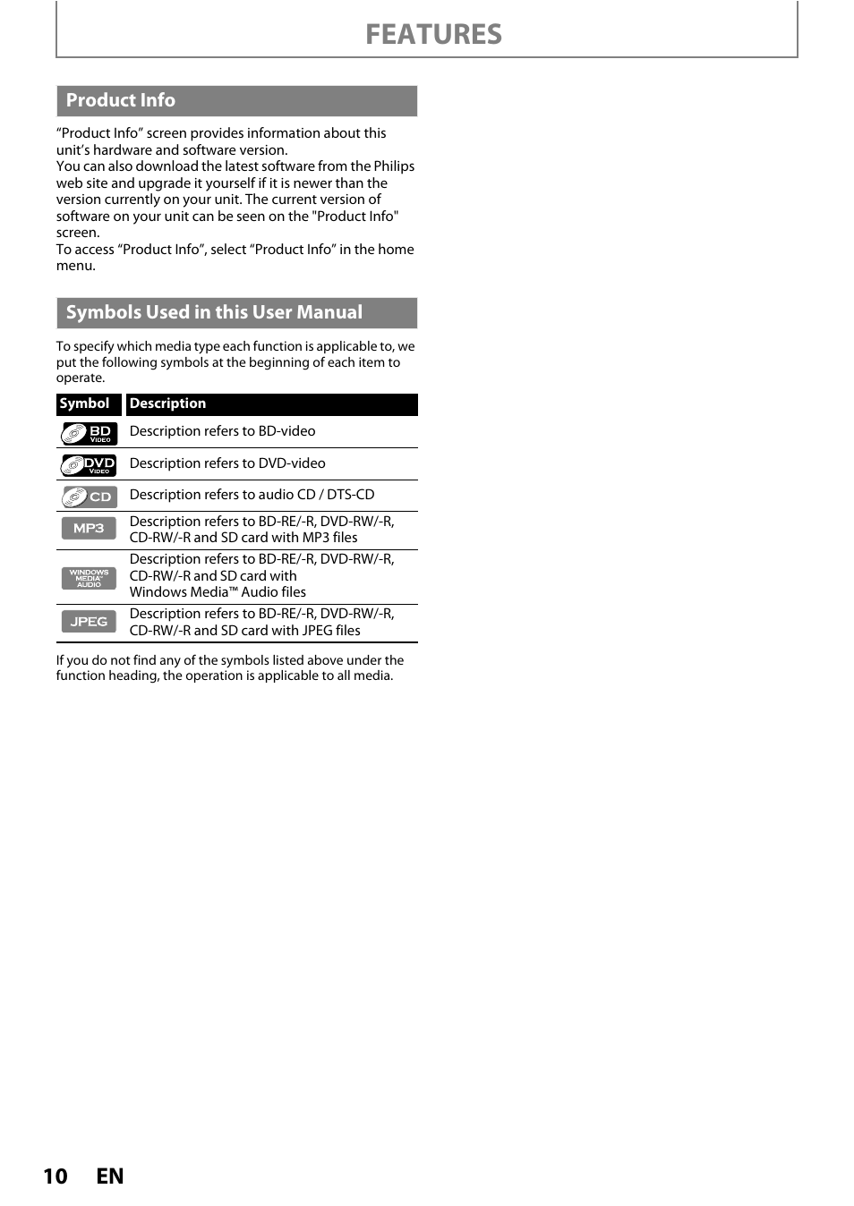 Product info symbols used in this user manual, Features | Philips HTS3051B/F8 User Manual | Page 10 / 62