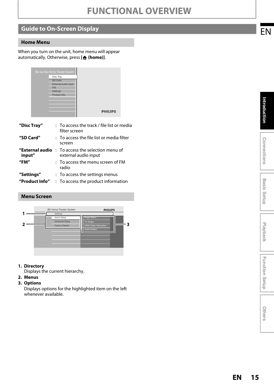 Guide to on-screen display, Functional overview | Philips HTS3051B/F8 User Manual | Page 15 / 62