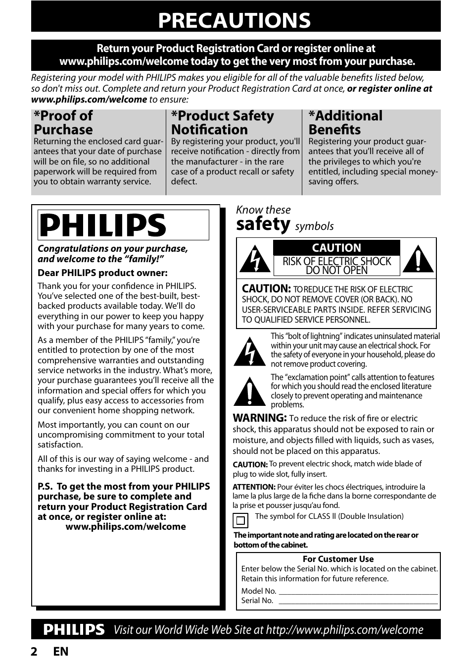 Introduction, Precautions, Safety | Proof of purchase, Product safety notification, Additional benefits, En 2, Know these, Symbols caution, Caution risk of electric shock do not open | Philips HTS3051B/F8 User Manual | Page 2 / 62