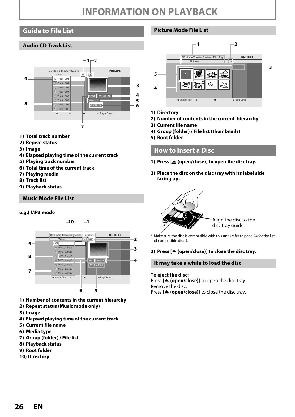 Guide to file list how to insert a disc, Information on playback, Guide to file list | How to insert a disc, Audio cd track list music mode file list, Picture mode file list, It may take a while to load the disc | Philips HTS3051B/F8 User Manual | Page 26 / 62