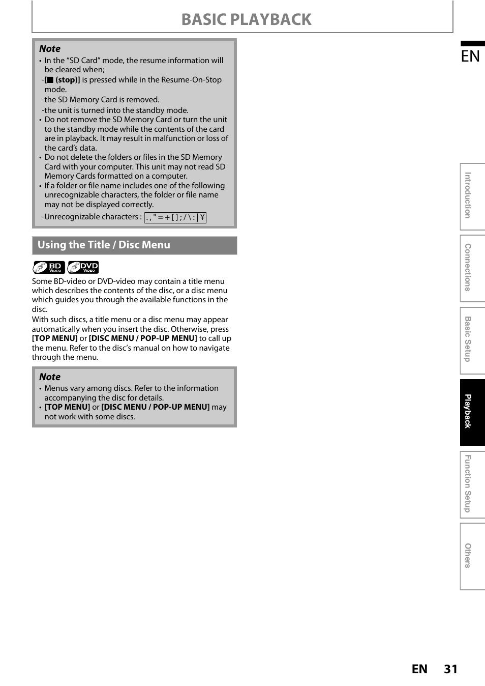 Using the title / disc menu, Basic playback | Philips HTS3051B/F8 User Manual | Page 31 / 62