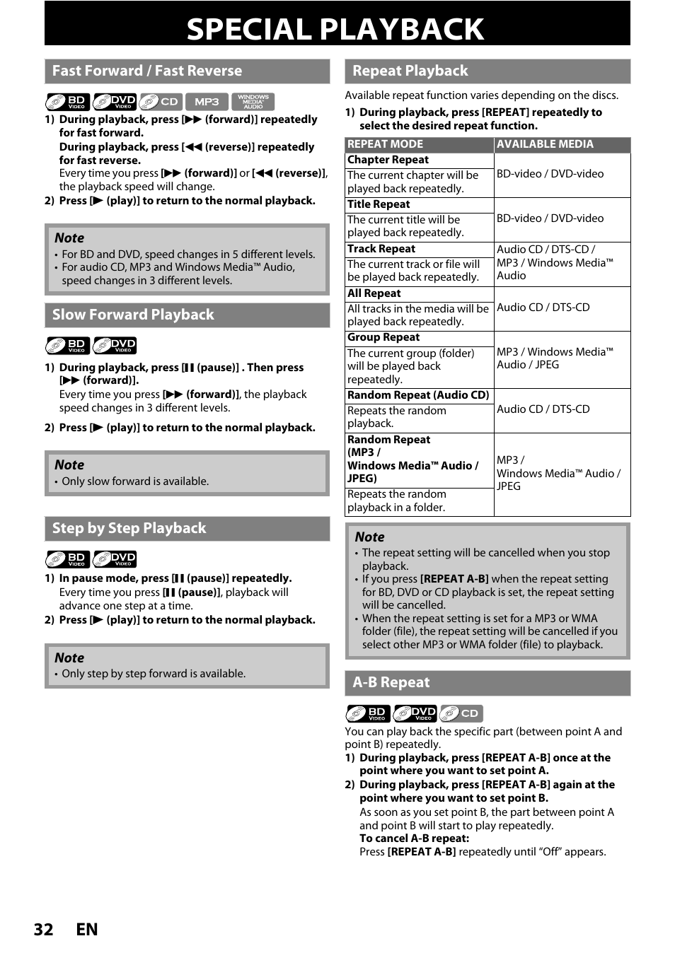 Special playback, En 32, Fast forward / fast reverse | Slow forward playback, Step by step playback, Repeat playback, A-b repeat | Philips HTS3051B/F8 User Manual | Page 32 / 62