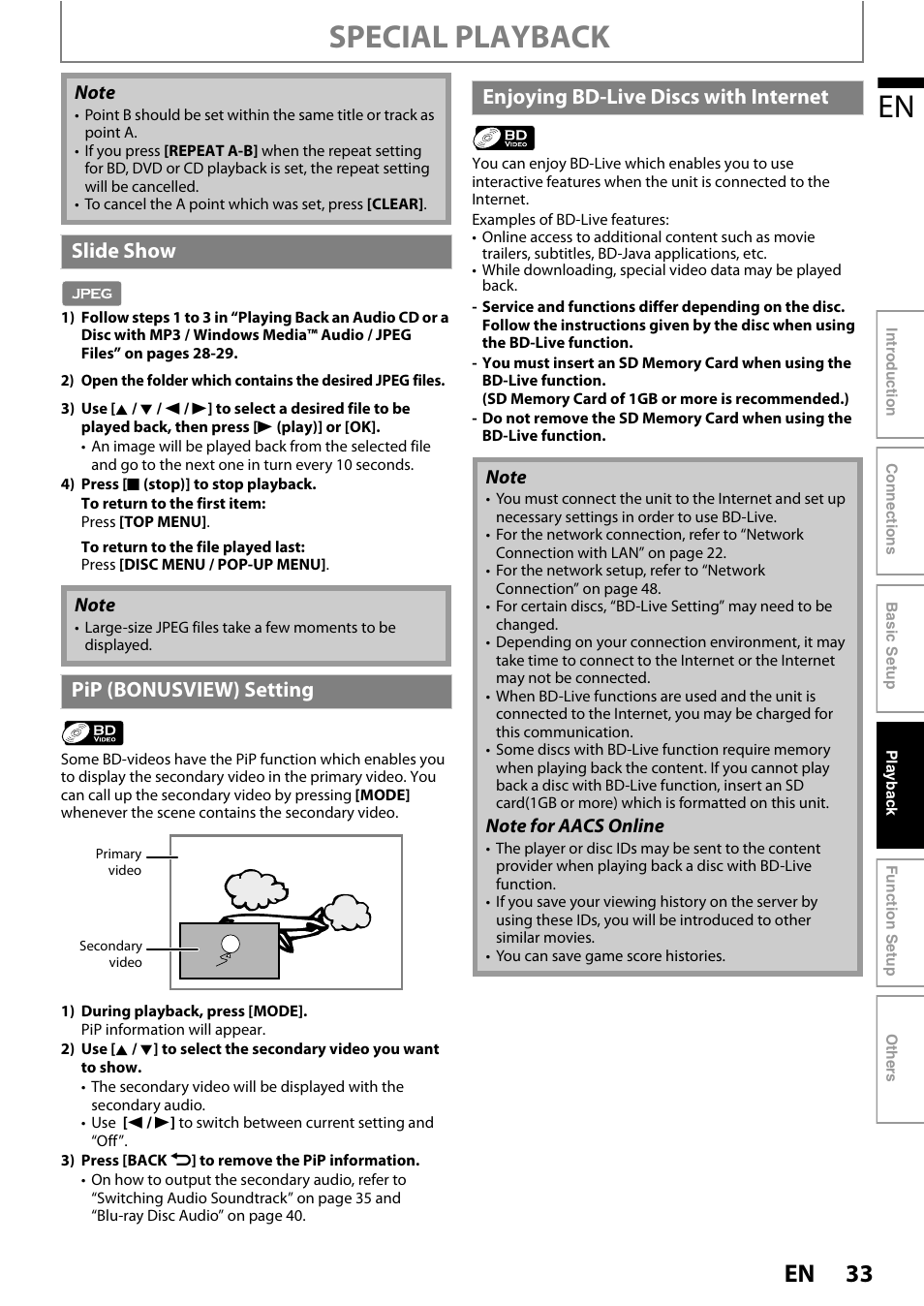 Special playback, Slide show, Pip (bonusview) setting | Enjoyi ng bd-live disc s with internet | Philips HTS3051B/F8 User Manual | Page 33 / 62