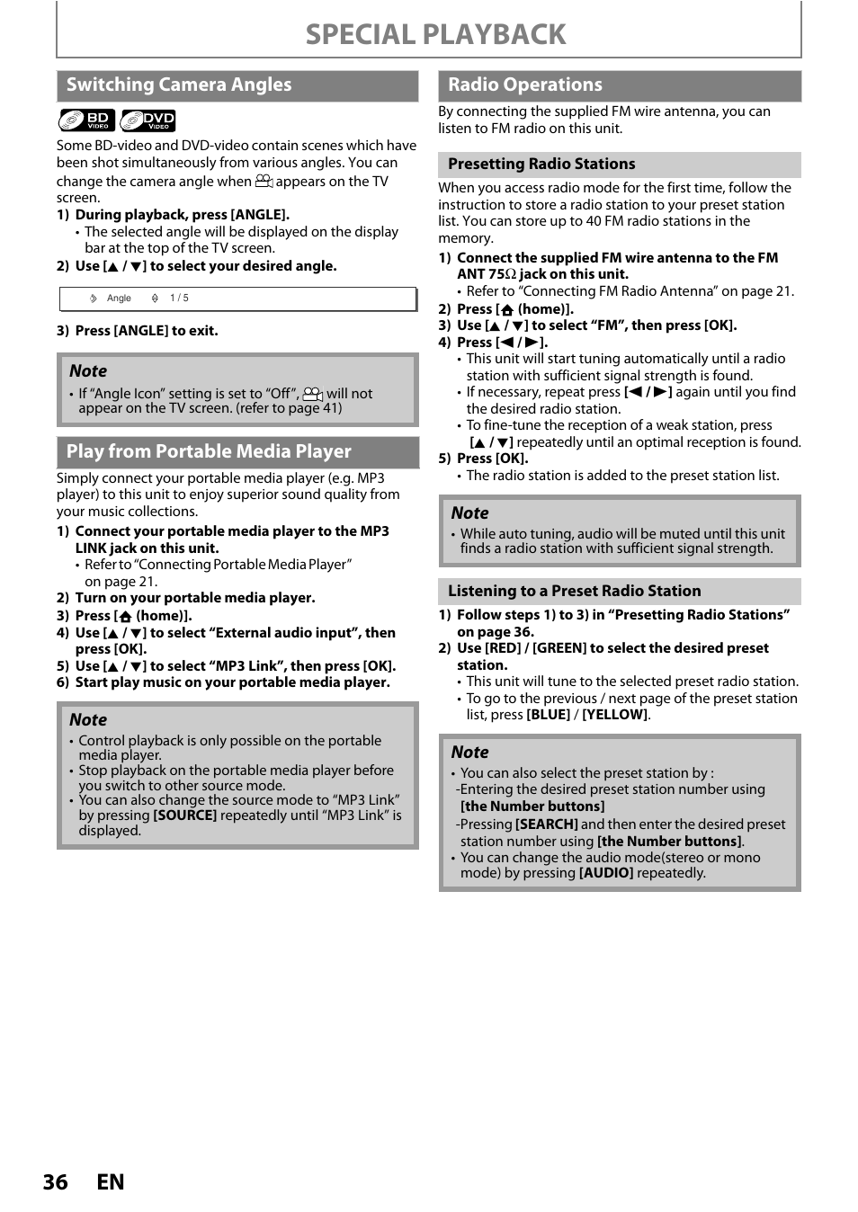 Special playback, Switching camera angles, Play from portable media player | Radio operations | Philips HTS3051B/F8 User Manual | Page 36 / 62