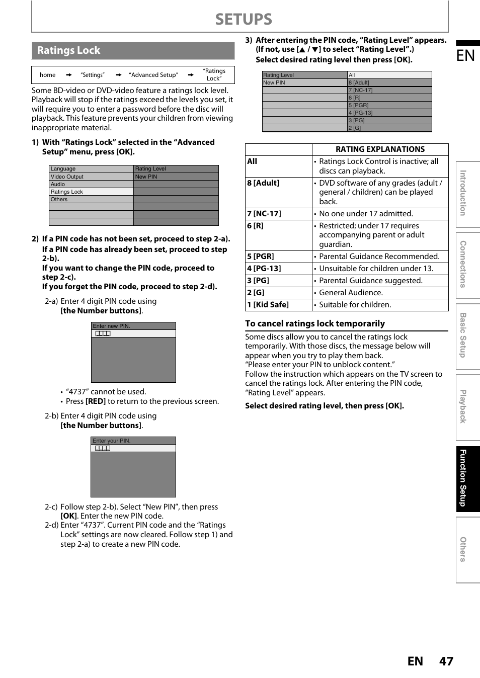 Ratings lock, Setups | Philips HTS3051B/F8 User Manual | Page 47 / 62