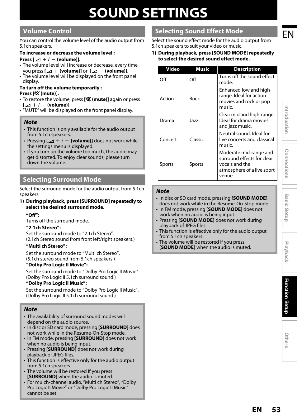 Sound settings, 53 en, Volume control | Selecting surround mode, Selecting sound effect mode | Philips HTS3051B/F8 User Manual | Page 53 / 62