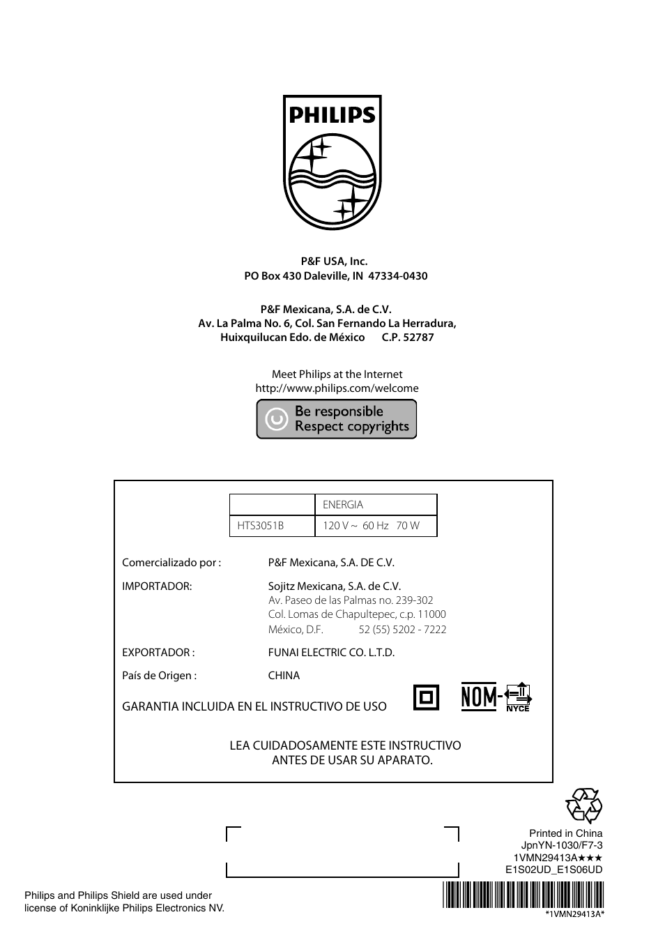 Philips HTS3051B/F8 User Manual | Page 62 / 62