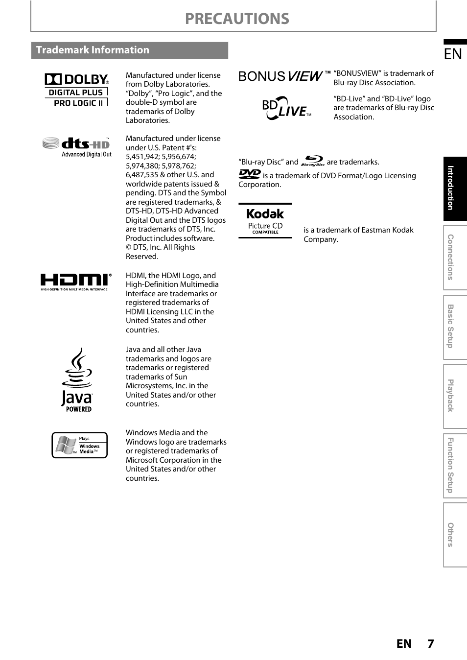 Precautions, Trademark information | Philips HTS3051B/F8 User Manual | Page 7 / 62