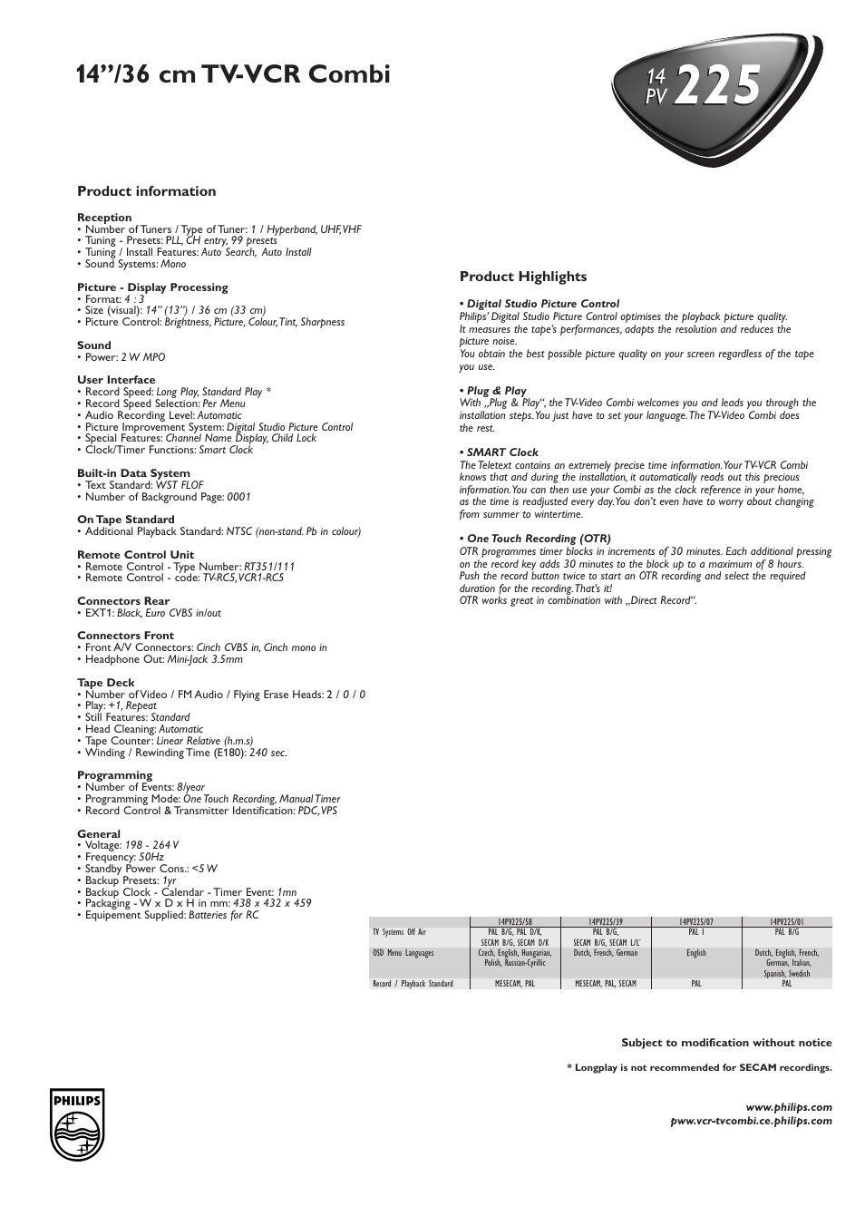 14’’/36 cm tv-vcr combi, 14 pv | Philips PV 225 User Manual | Page 2 / 2