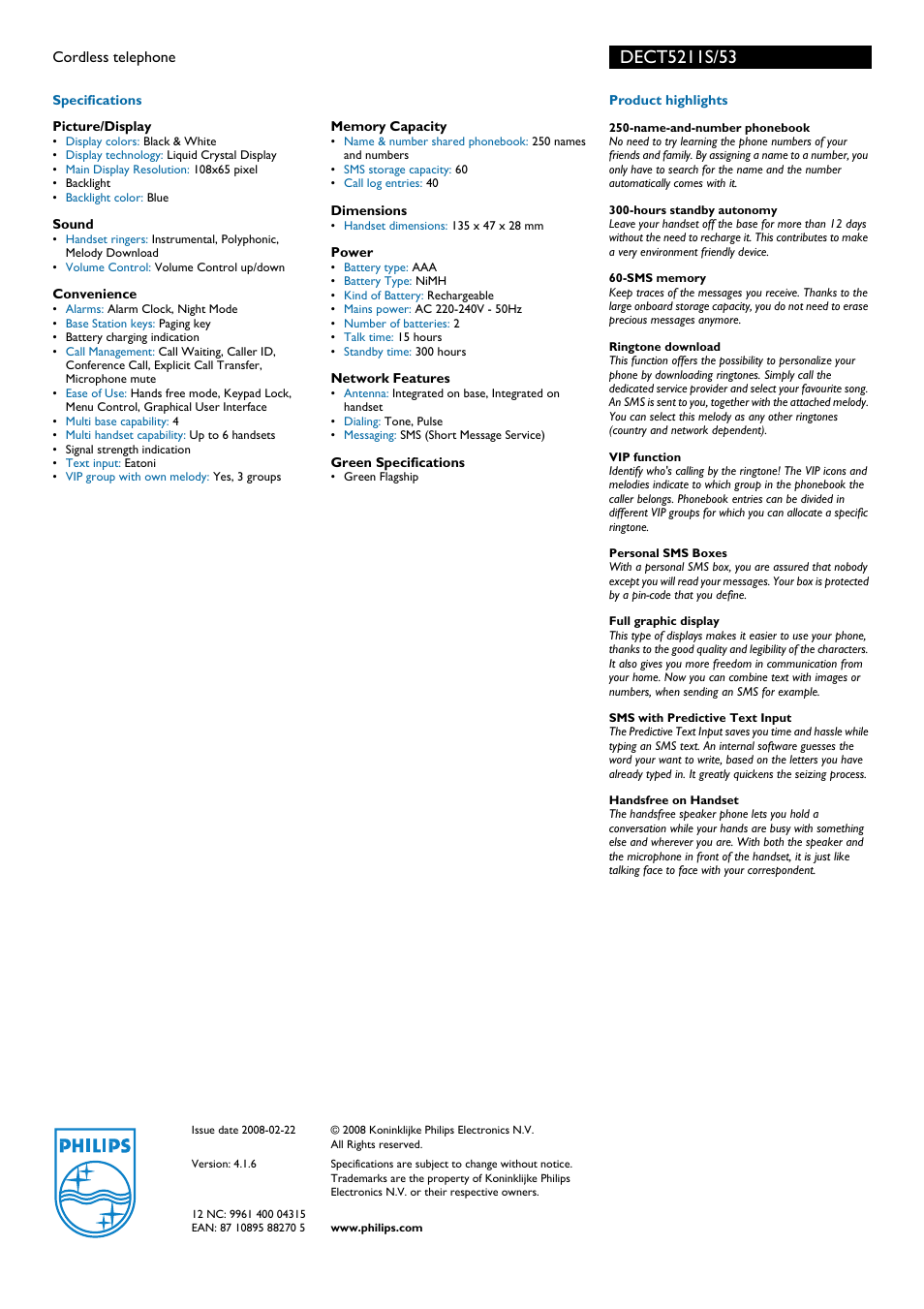 Philips DECT5211S User Manual | Page 2 / 2