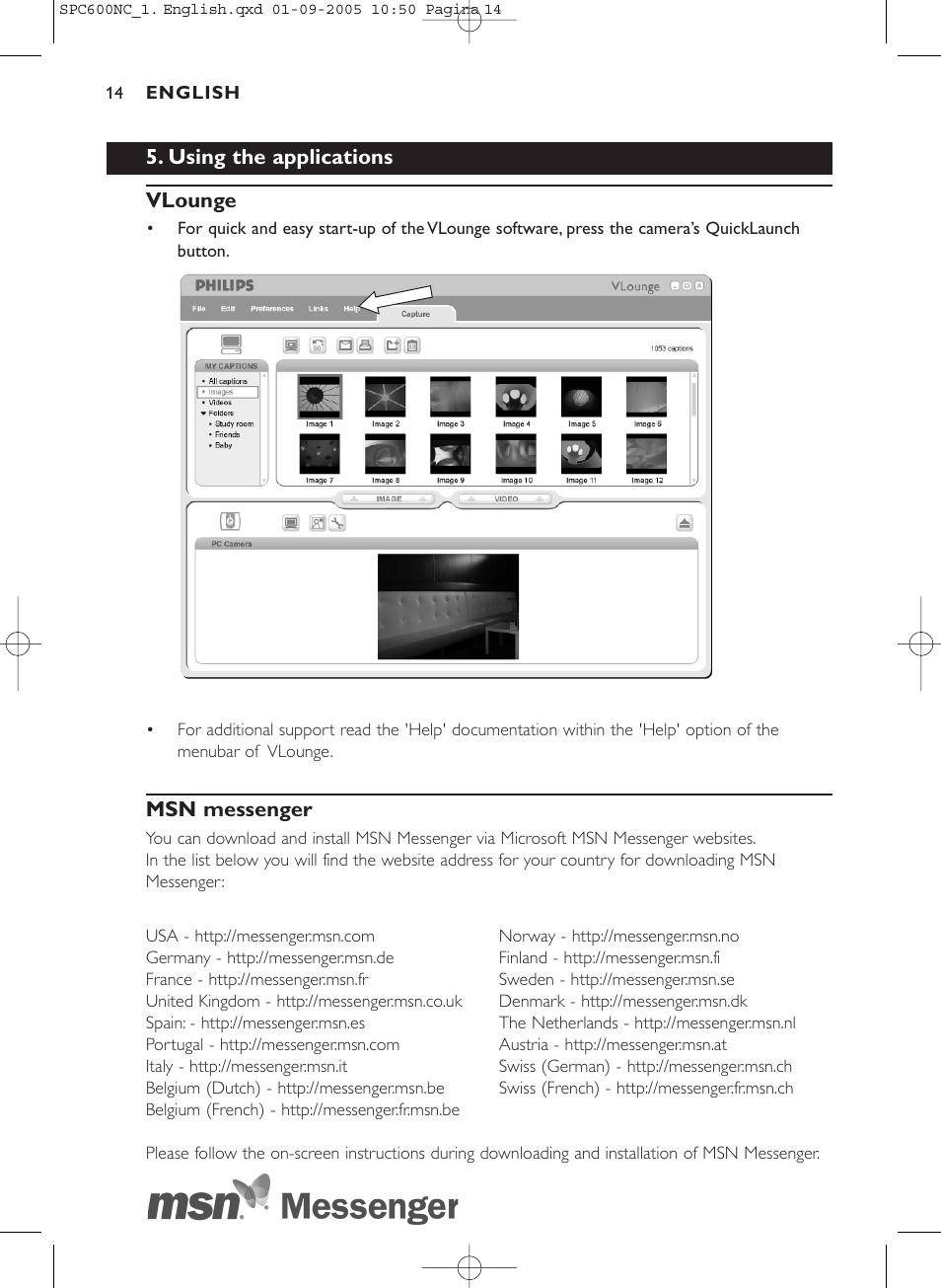 Using the applications vlounge, Msn messenger | Philips SPC600NC/37 User Manual | Page 14 / 22