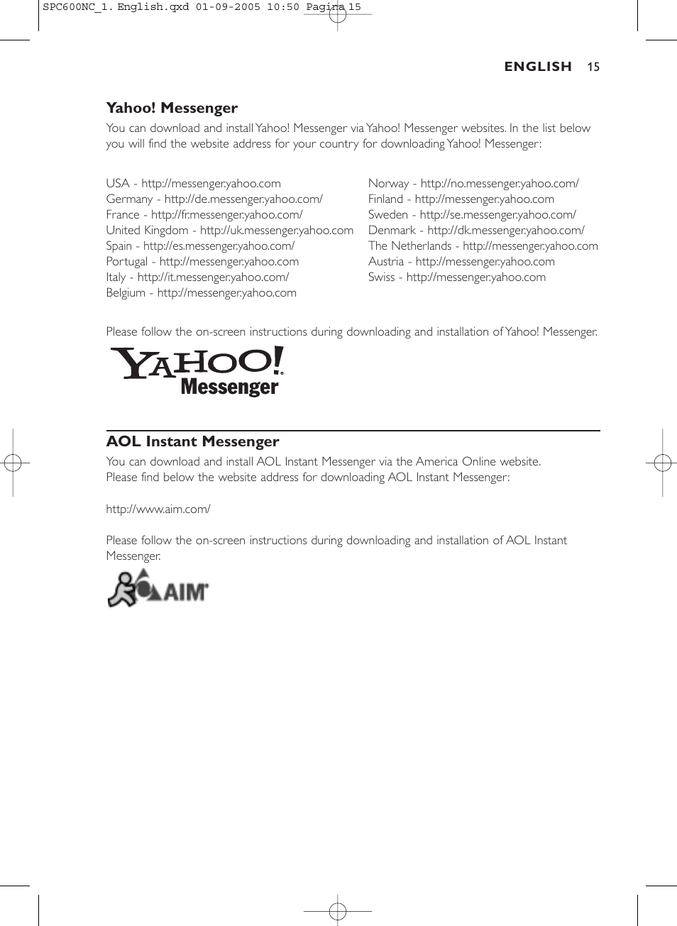 Yahoo! messenger, Aol instant messenger | Philips SPC600NC/37 User Manual | Page 15 / 22