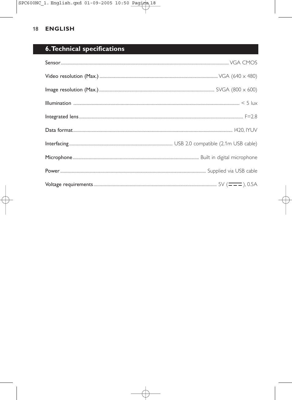 Technical specifications | Philips SPC600NC/37 User Manual | Page 18 / 22