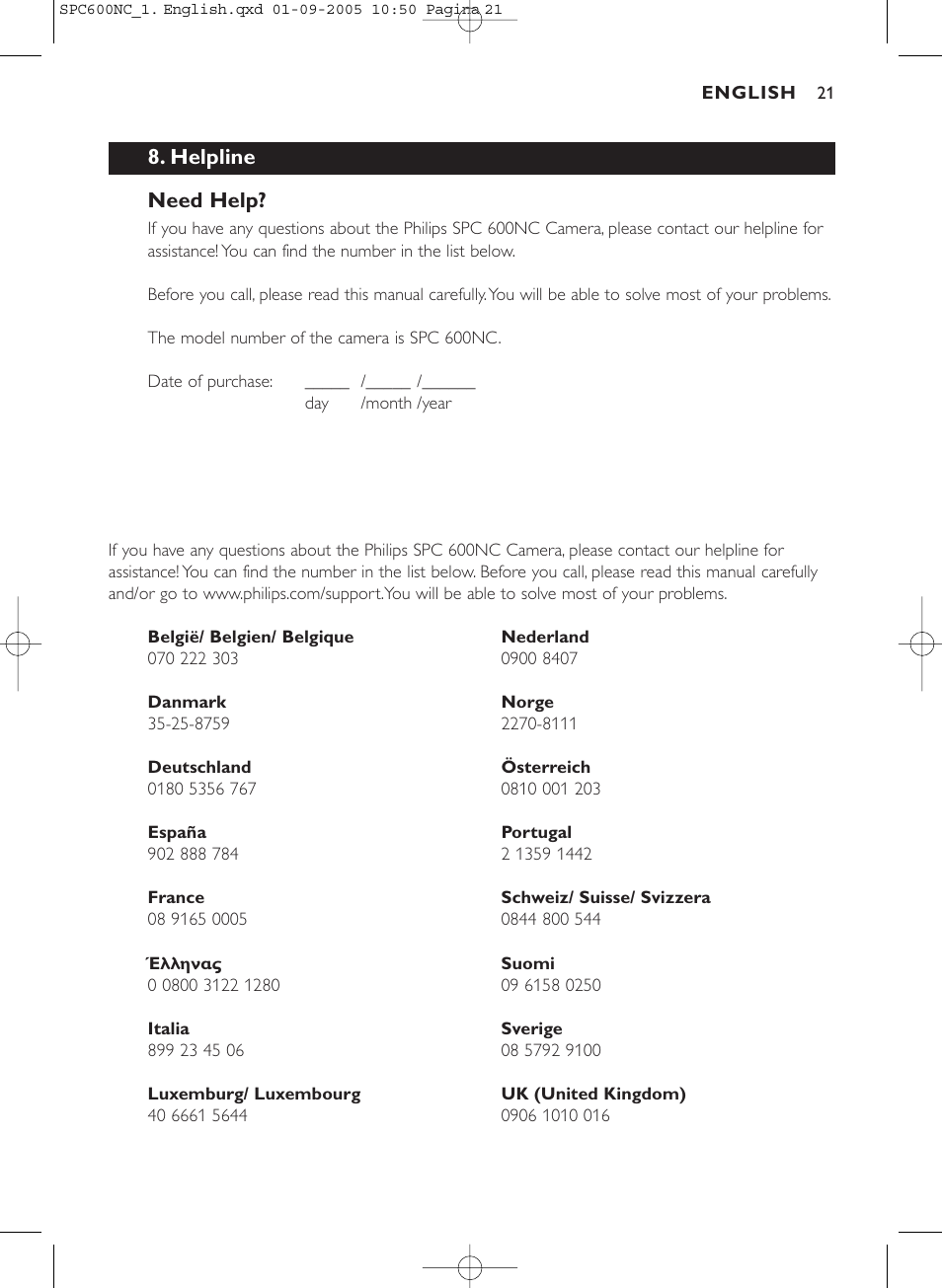 Helpline need help | Philips SPC600NC/37 User Manual | Page 21 / 22