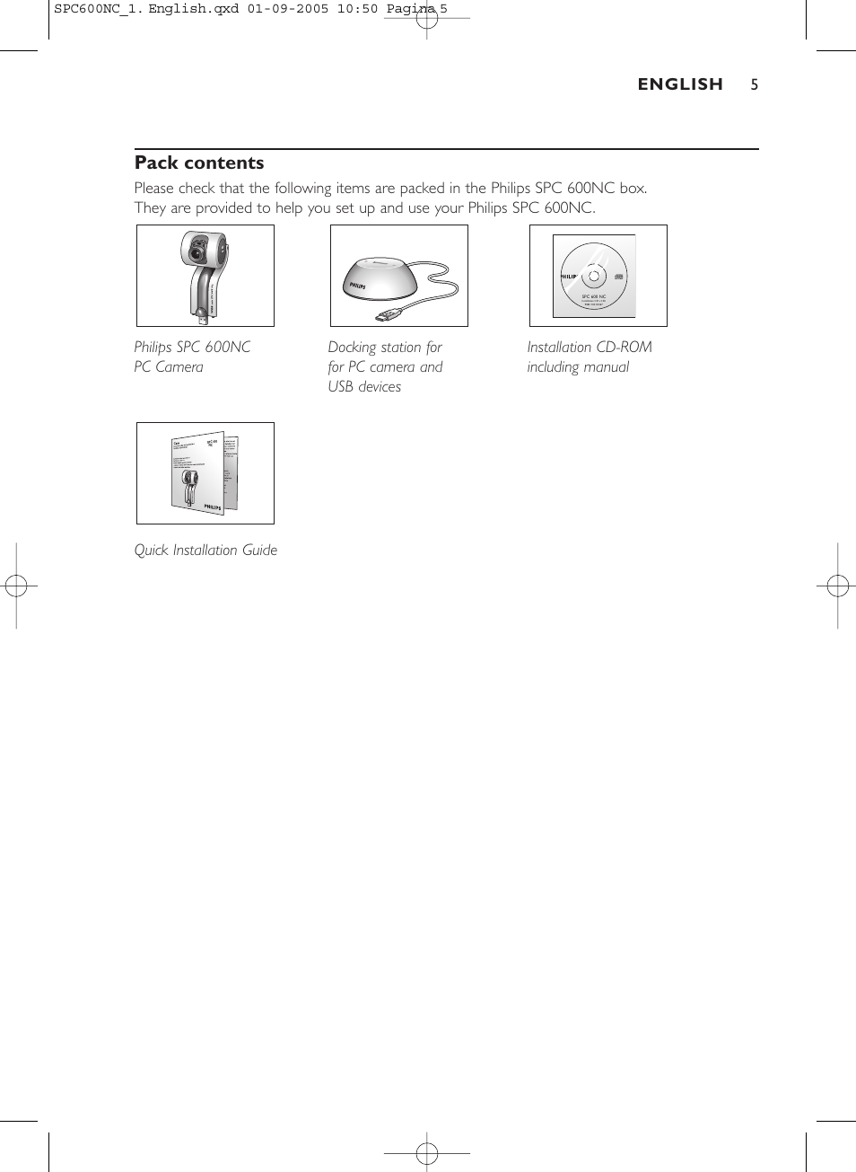 Pack contents, English | Philips SPC600NC/37 User Manual | Page 5 / 22