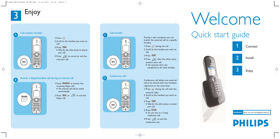 Welcome, Philips, Quick start guide | Connect, Install, Enjoy | Philips VOIP8410 User Manual | Page 2 / 2