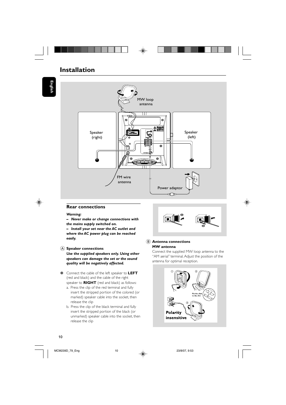 Installation | Philips MCM239D User Manual | Page 10 / 28