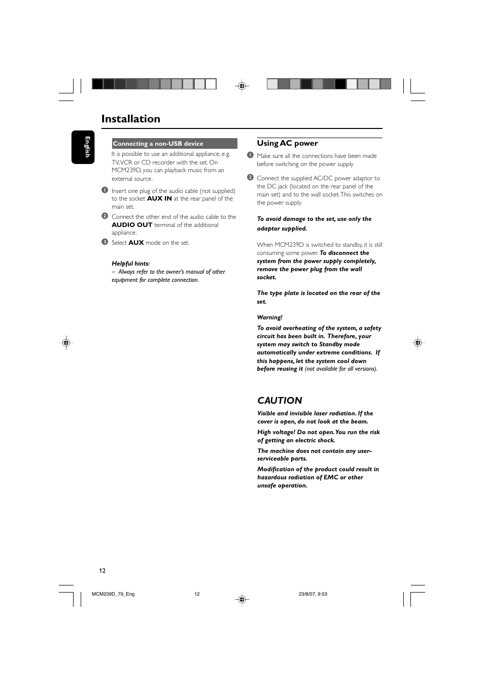 Installation, Caution | Philips MCM239D User Manual | Page 12 / 28