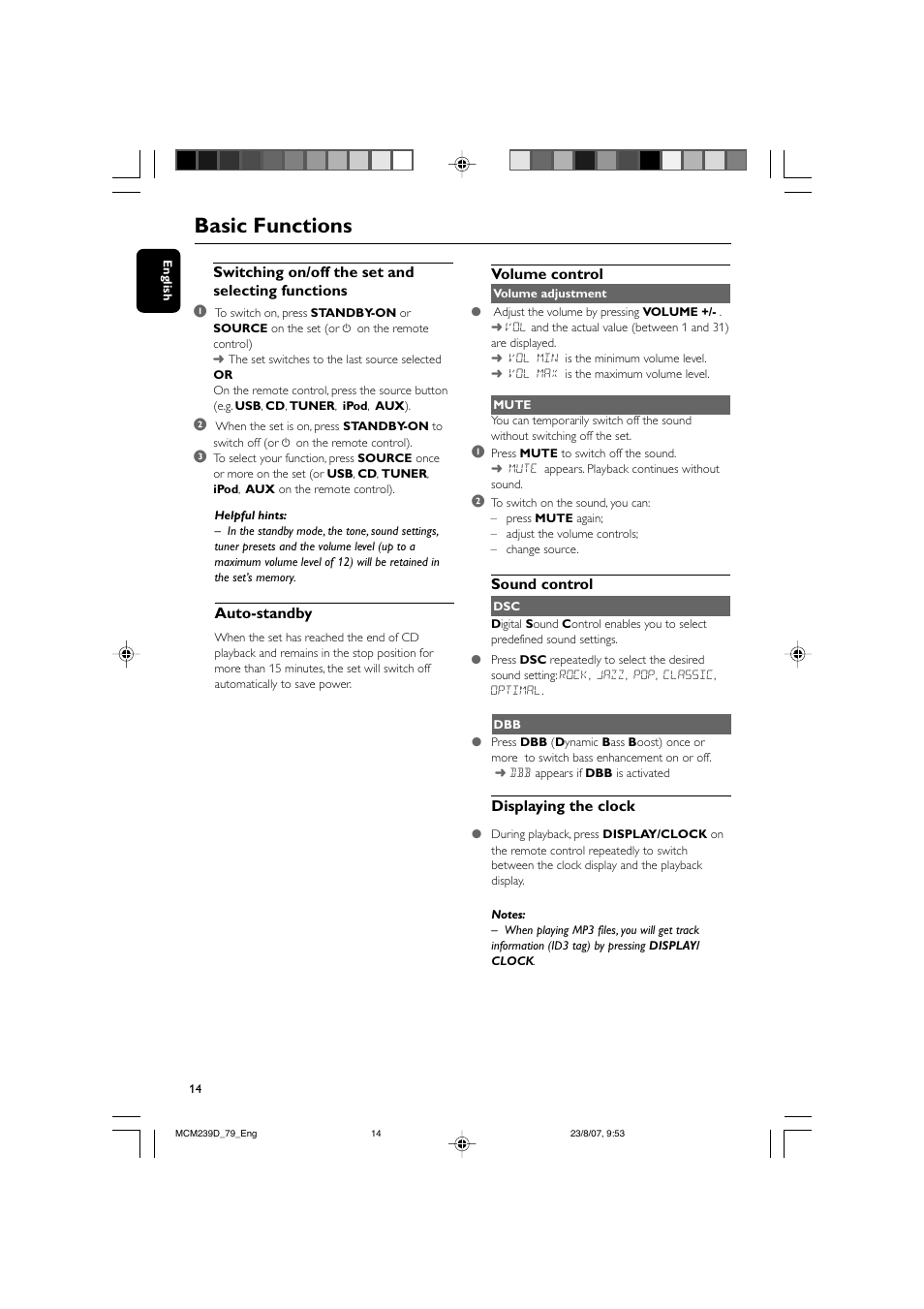 Basic functions, Switching on/off the set and selecting functions 1, Auto-standby | Volume control, Sound control, Displaying the clock | Philips MCM239D User Manual | Page 14 / 28