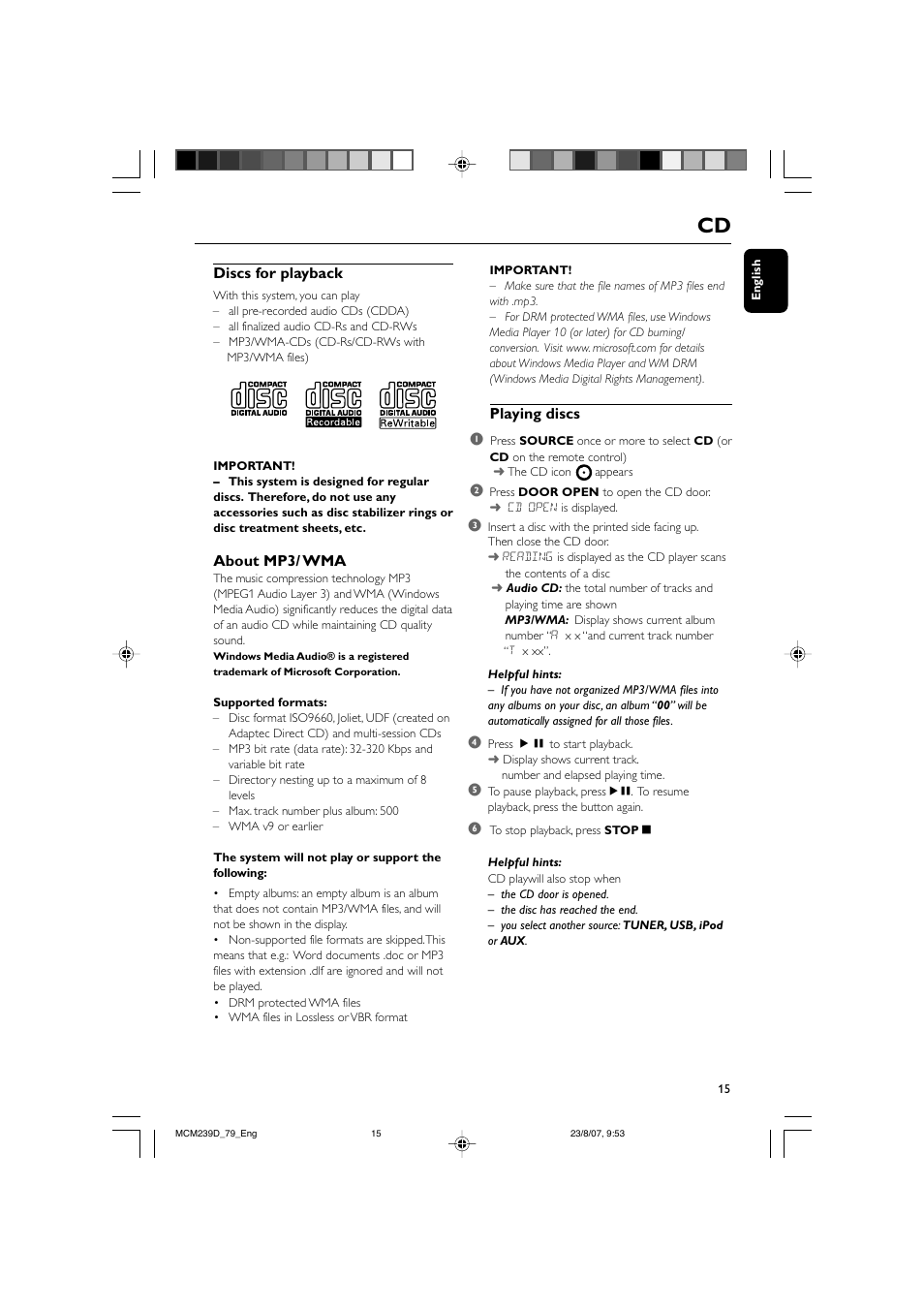 Discs for playback, About mp3/ wma, Playing discs 1 | Philips MCM239D User Manual | Page 15 / 28